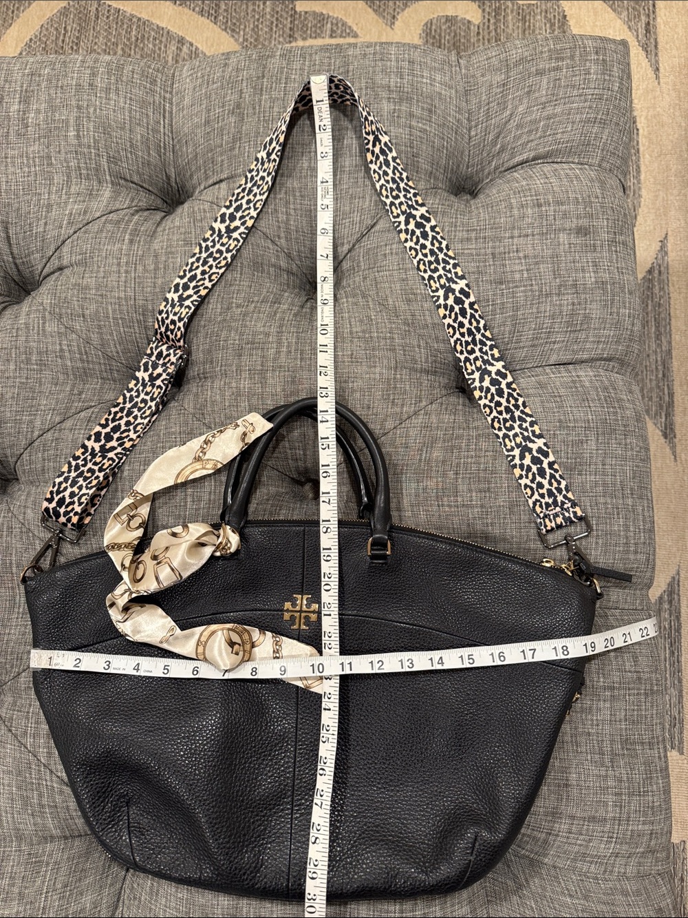 Tory Burch Bag Ivy Slouchy Black Leather Satchel with Leopard Crossbody Strap - Picture 17 of 17